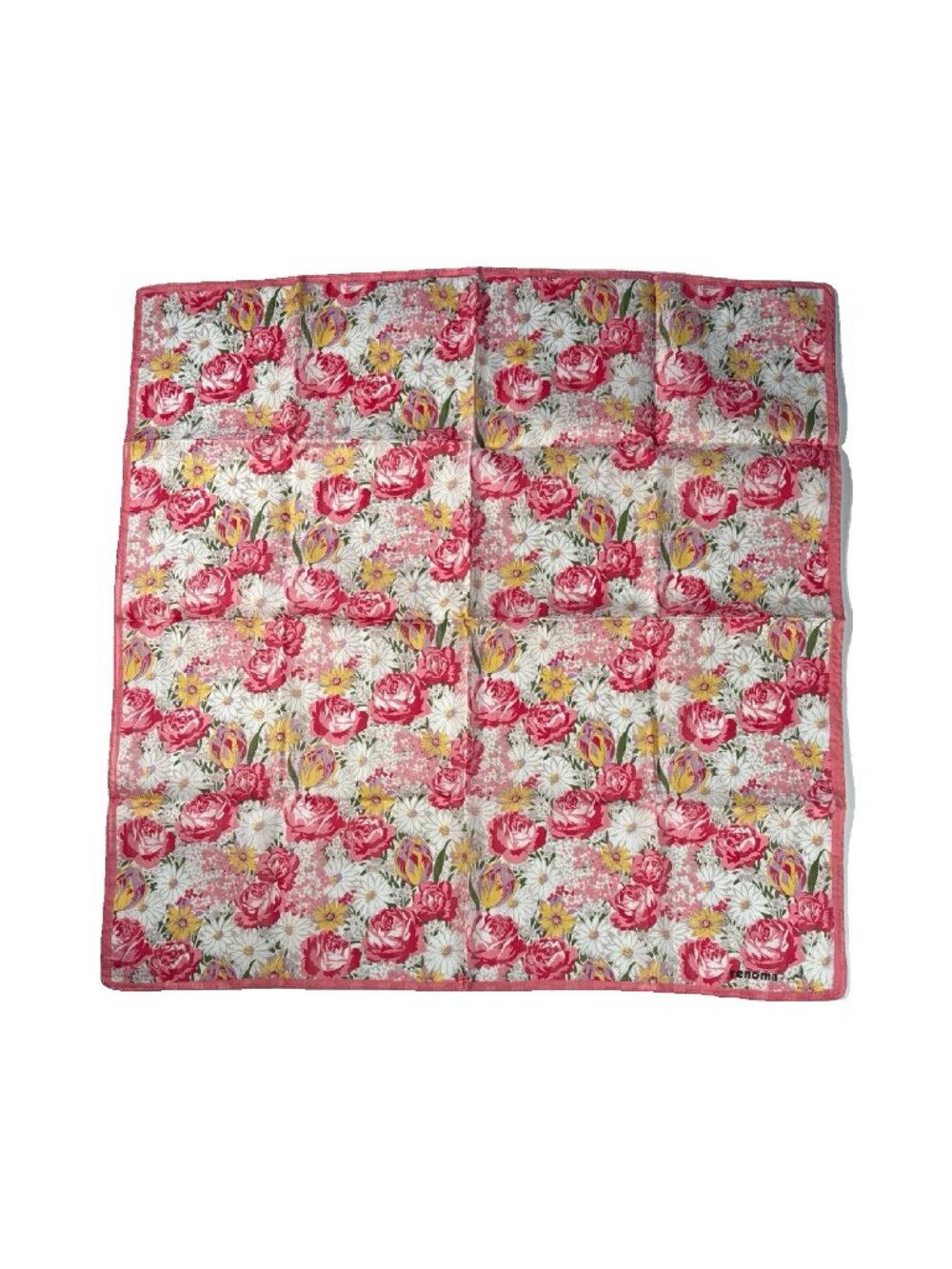 Renoma Floral Cotton Scarf – Pink Roses & Daisies – 19.5" x 19"